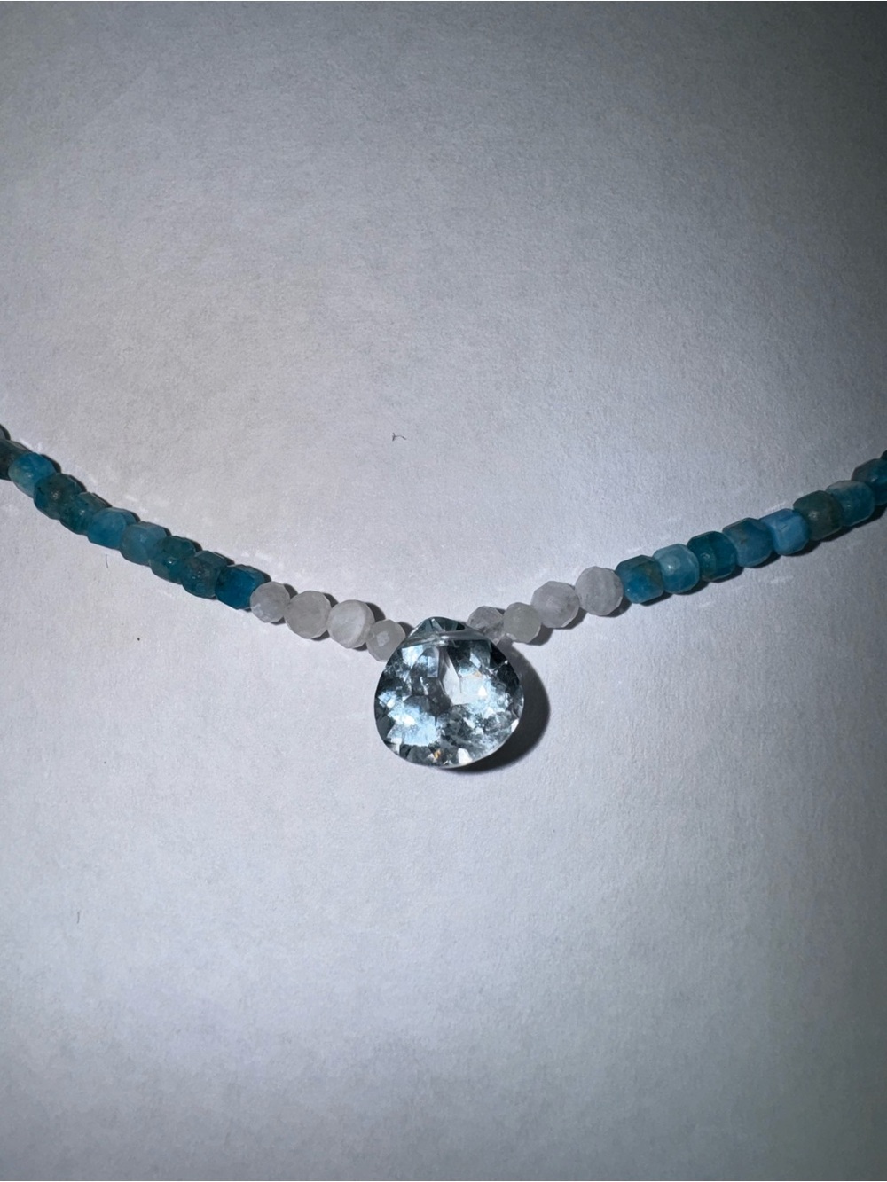 Blue apatite, moonstone and aquamarine gemstone beaded necklace